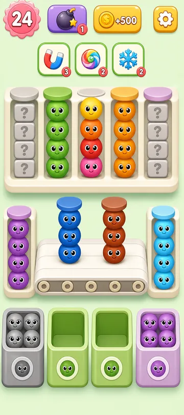 Marble Sort level 106 mid-solve board