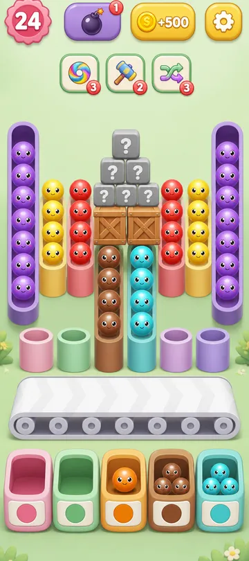 Marble Sort level 135 mid-solve board