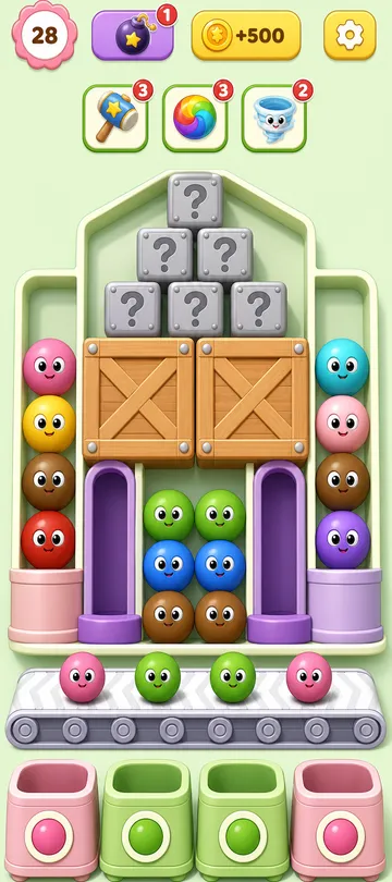 Marble Sort level 135 opening board — The Crate Blockade