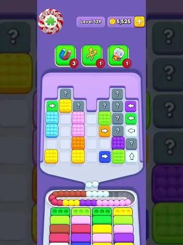 Marble Sort level 139 opening board — Mystery Tiles Above, Arrows Below