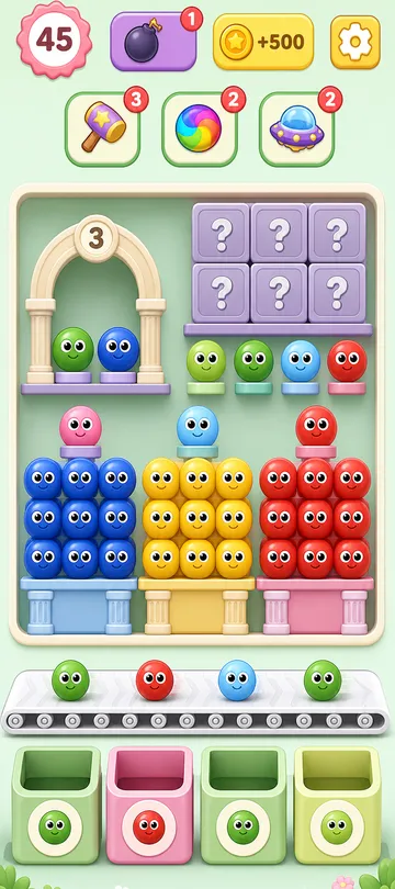 Marble Sort level 20 opening board — Giants at the Bottom, Question Marks Up Top