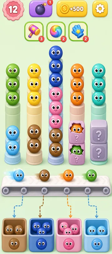 Marble Sort level 28 mid-solve board Marble Sort level 28 mid-solve board