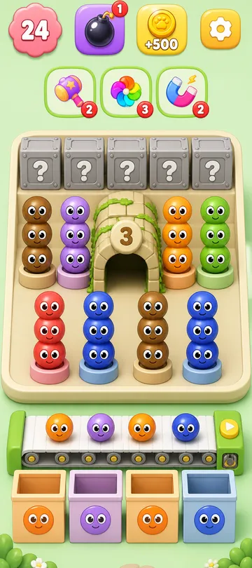 Marble Sort level 29 opening board — Front-Row Decoys and a Tunnel on a Timer Marble Sort level 29 opening board — Front-Row Decoys and a Tunnel on a Timer