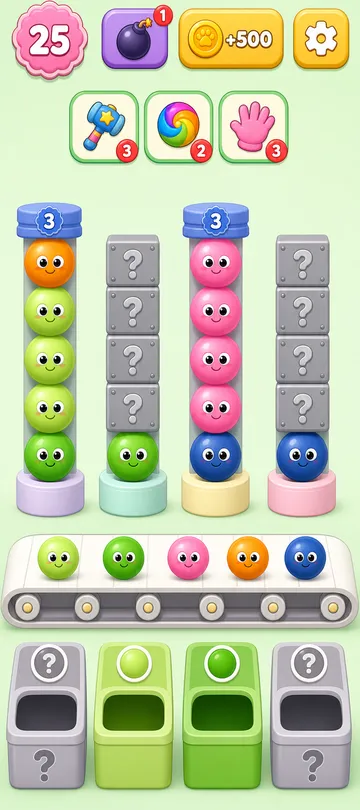 Marble Sort level 37 opening board — The Locked Top and the Dark Blue Bait