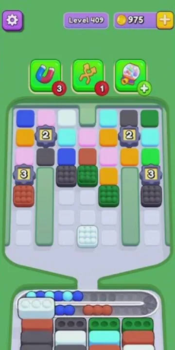 Marble Sort level 409 opening board — The Numbered-Gate Grid