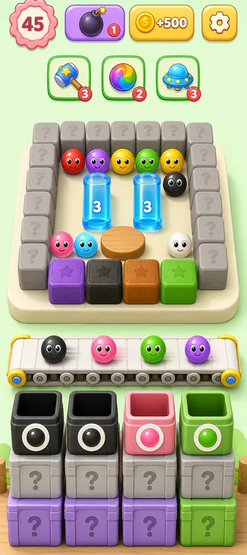 Marble Sort level 47 opening board — The U-Shaped Lock and Purple Bait
