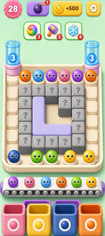 Marble Sort level 50 opening board — The Green Bait and the Gray Wall