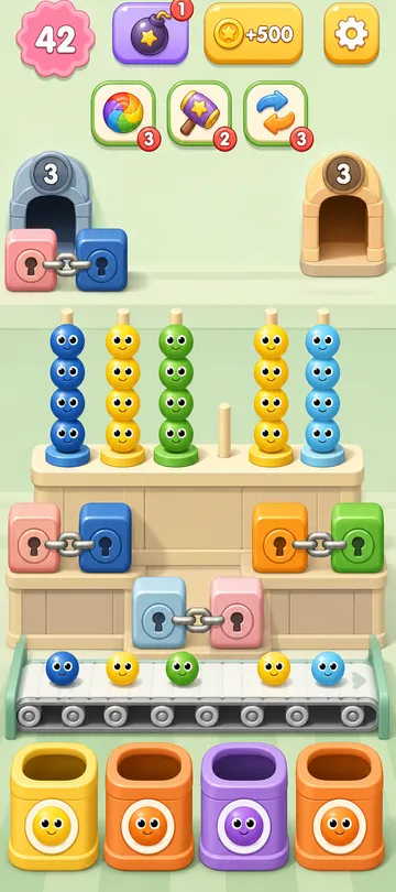 Marble Sort level 59 opening board — Chains, Bait, and Two Corner Tunnels Marble Sort level 59 opening board — Chains, Bait, and Two Corner Tunnels