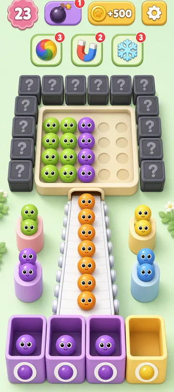 Marble Sort level 6 mid-solve board Marble Sort level 6 mid-solve board