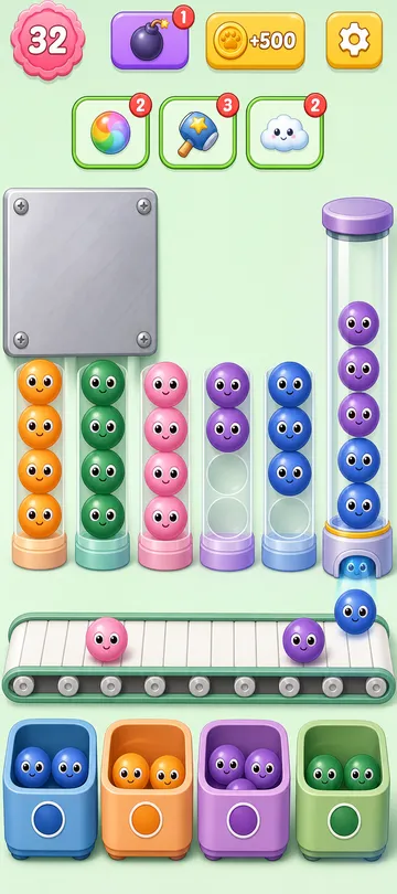Marble Sort level 65 mid-solve board