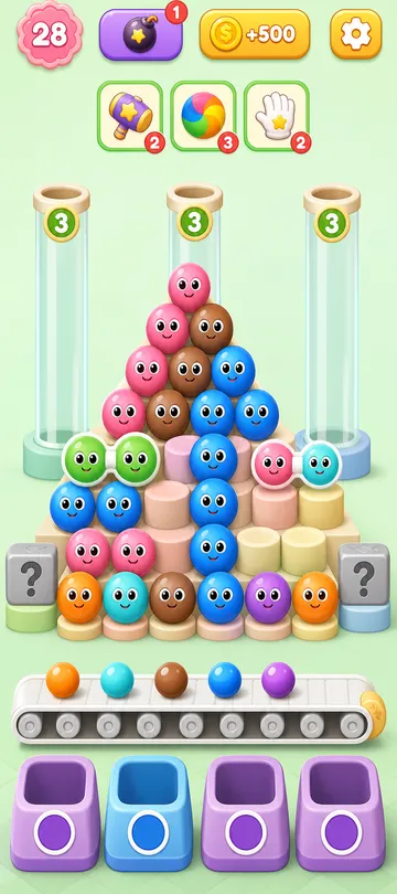 Marble Sort level 69 opening board — Three Tunnels and a Bait-Filled Front Row Marble Sort level 69 opening board — Three Tunnels and a Bait-Filled Front Row