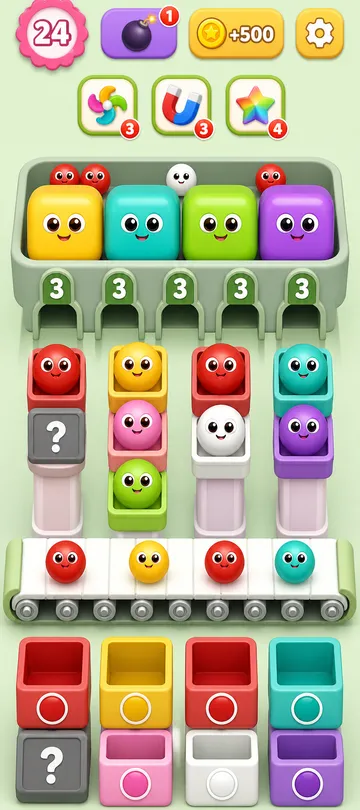 Marble Sort level 90 opening board — Five Tunnels, Four Columns, Zero Mercy