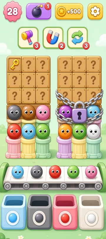 Marble Sort level 99 opening board — One Side Open, One Side in Chains Marble Sort level 99 opening board — One Side Open, One Side in Chains