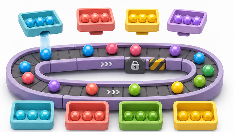 Colorful marbles moving around a loop conveyor into matching three-slot boxes